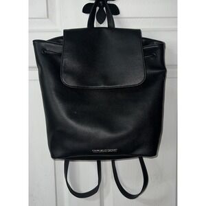 Victoria Secret Black Faux Leather Backpack Tote Bag Snap Close With Drawstring